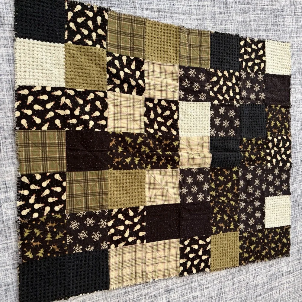 Handmade Winter Rag Quilt Patchwork Throw Blanket Snowman Reindeer Plaid 48x55